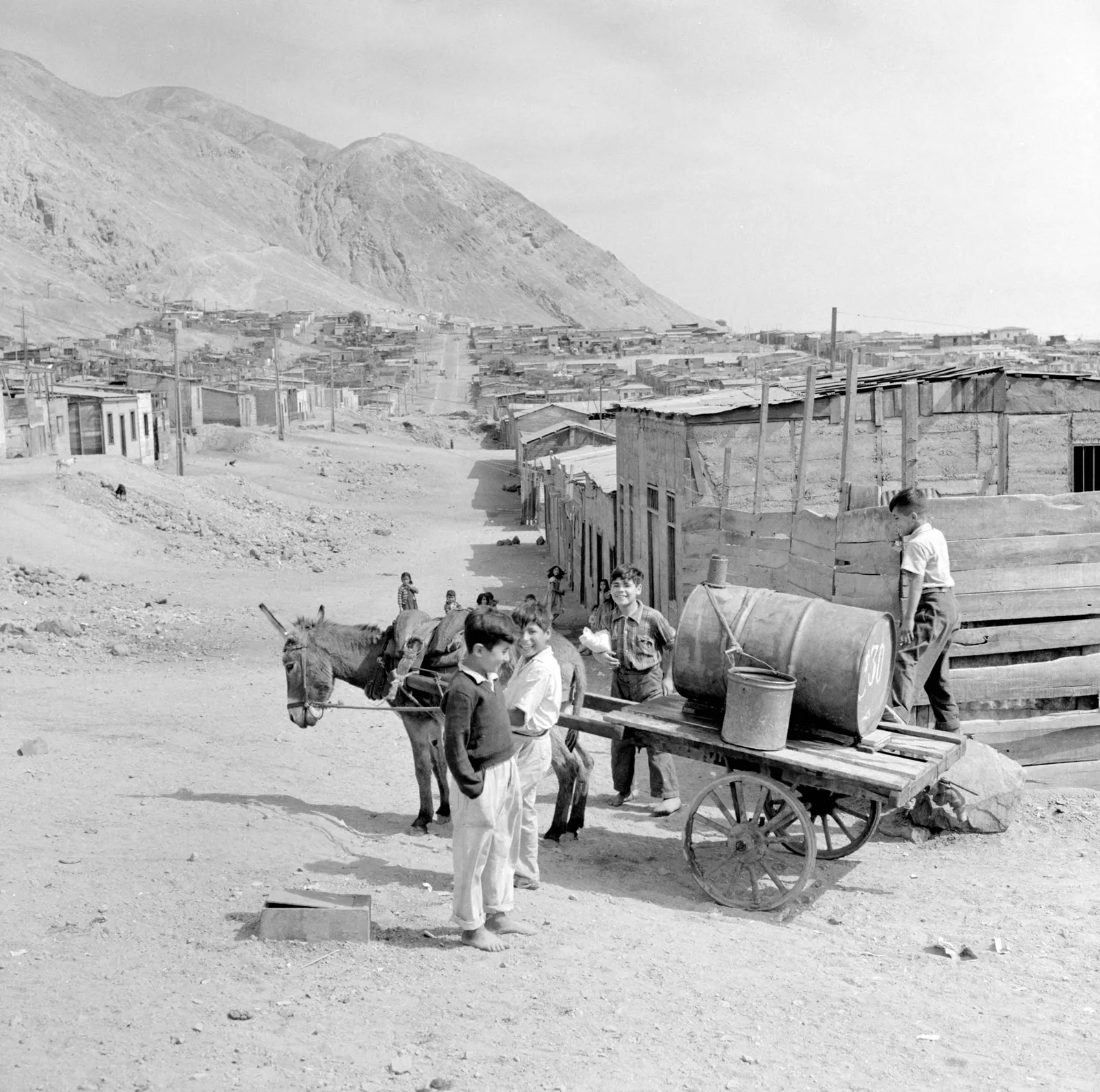 Niños con carro de burro en Chuquicamata ca. 1960.