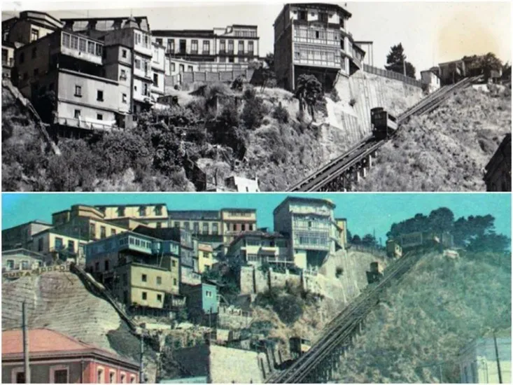 Ascensor Artillería de Valparaíso en los años ´20s y en los ´60s