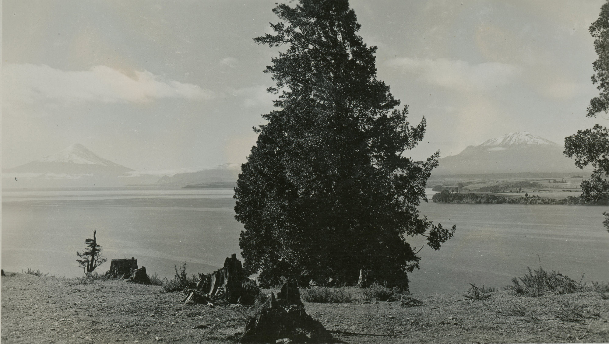 Vista al Lago Llanquihue, Volcan Osorno y Volcán Calbuco, ca. 1928