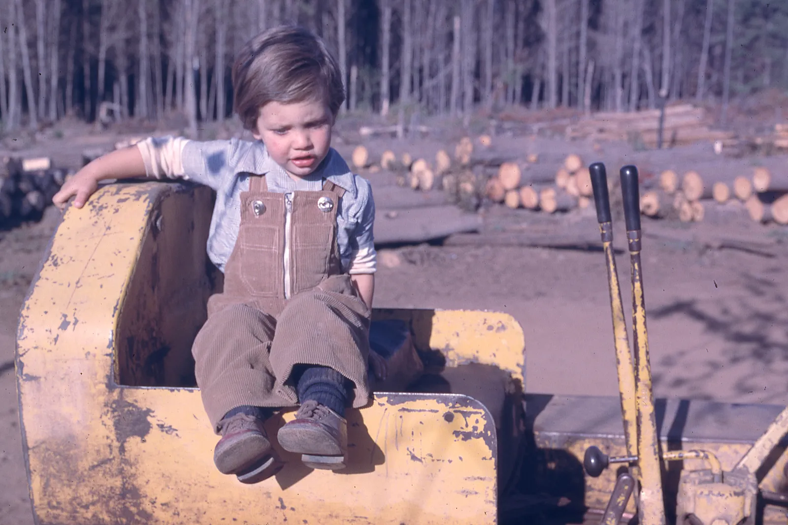 Niño sentado en maquinaria forestal, 1975
