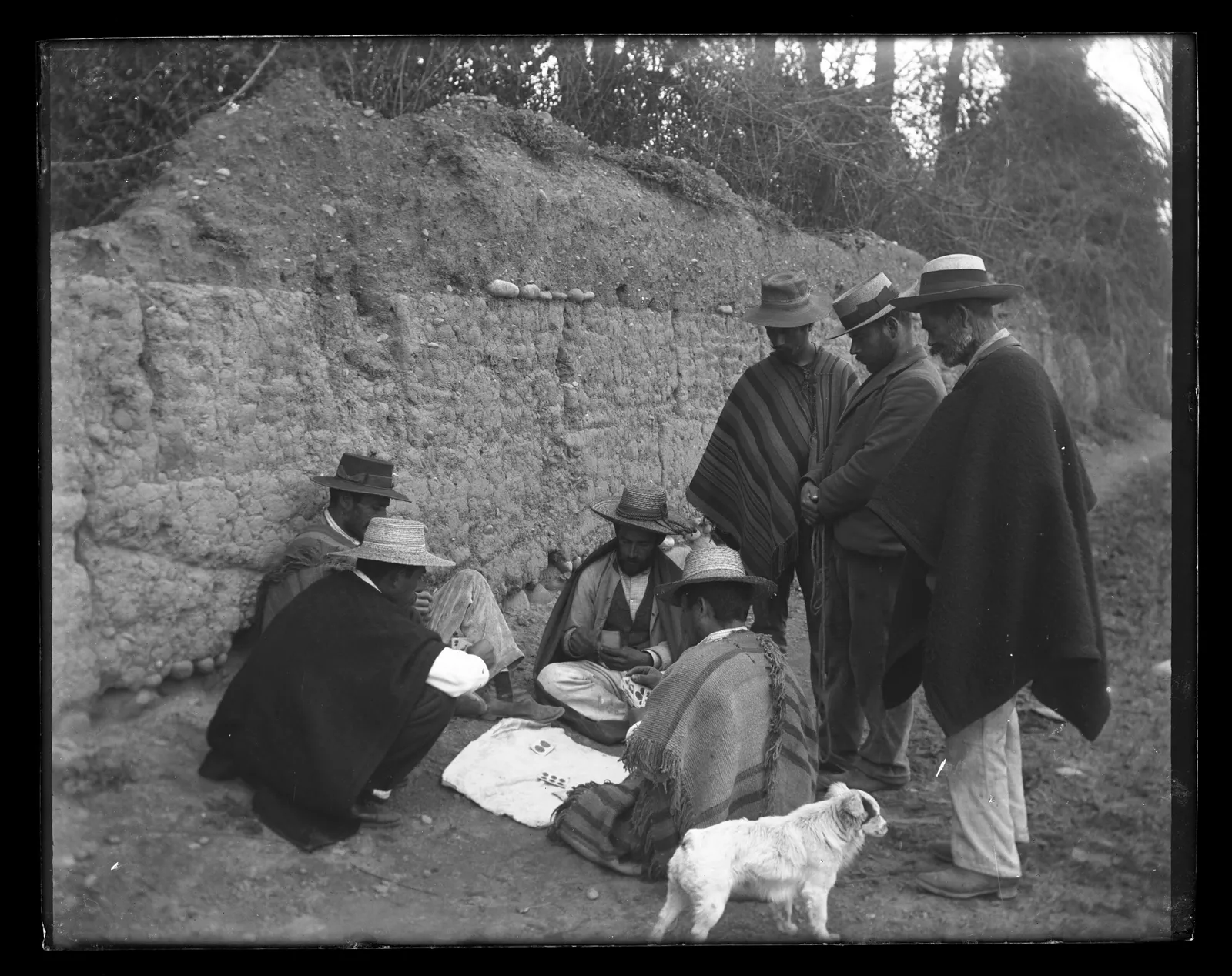 Siete hombres y un perro, lugar sin identificar, ca. 1903