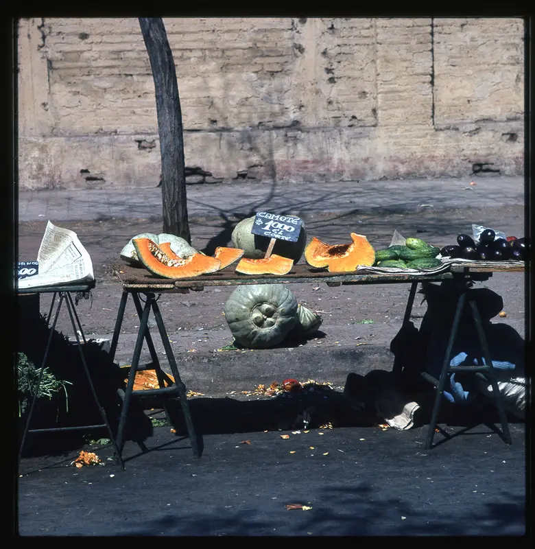 Puesto con zapallo camote trozado, Santiago, Región Metropolitana, Chile, 1950 -1965