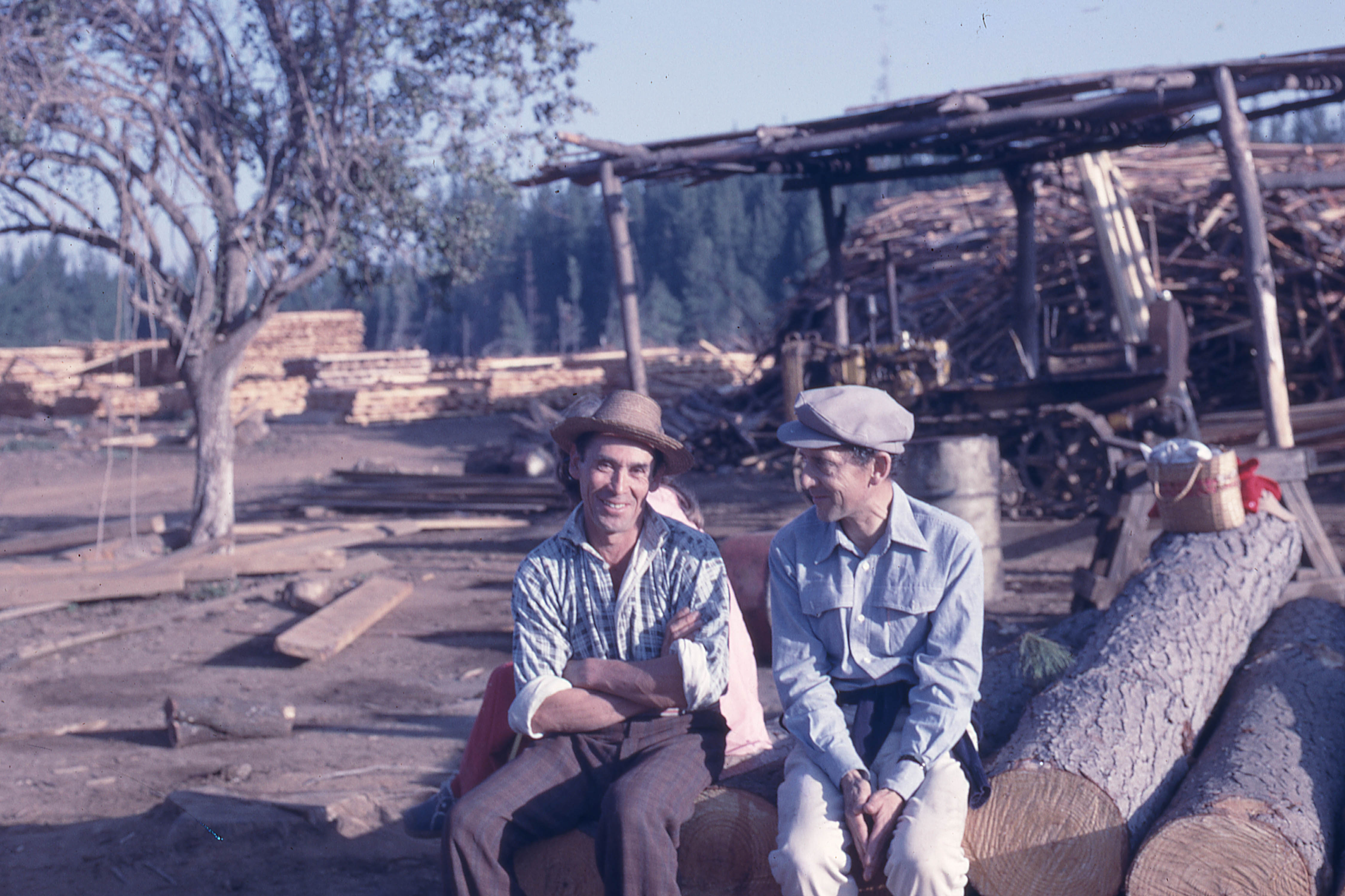 Dos hombres sentados en un tronco en el aserradero, 1975
