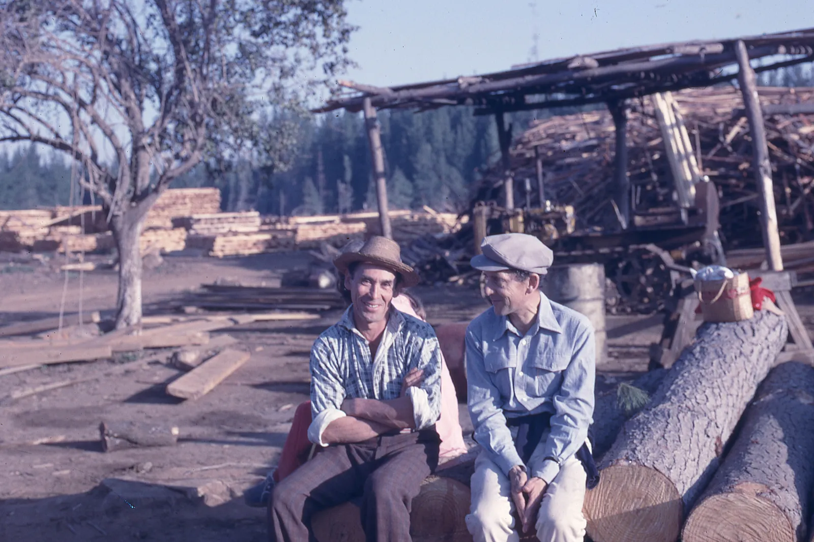 Dos hombres sentados en un tronco en el aserradero, 1975
