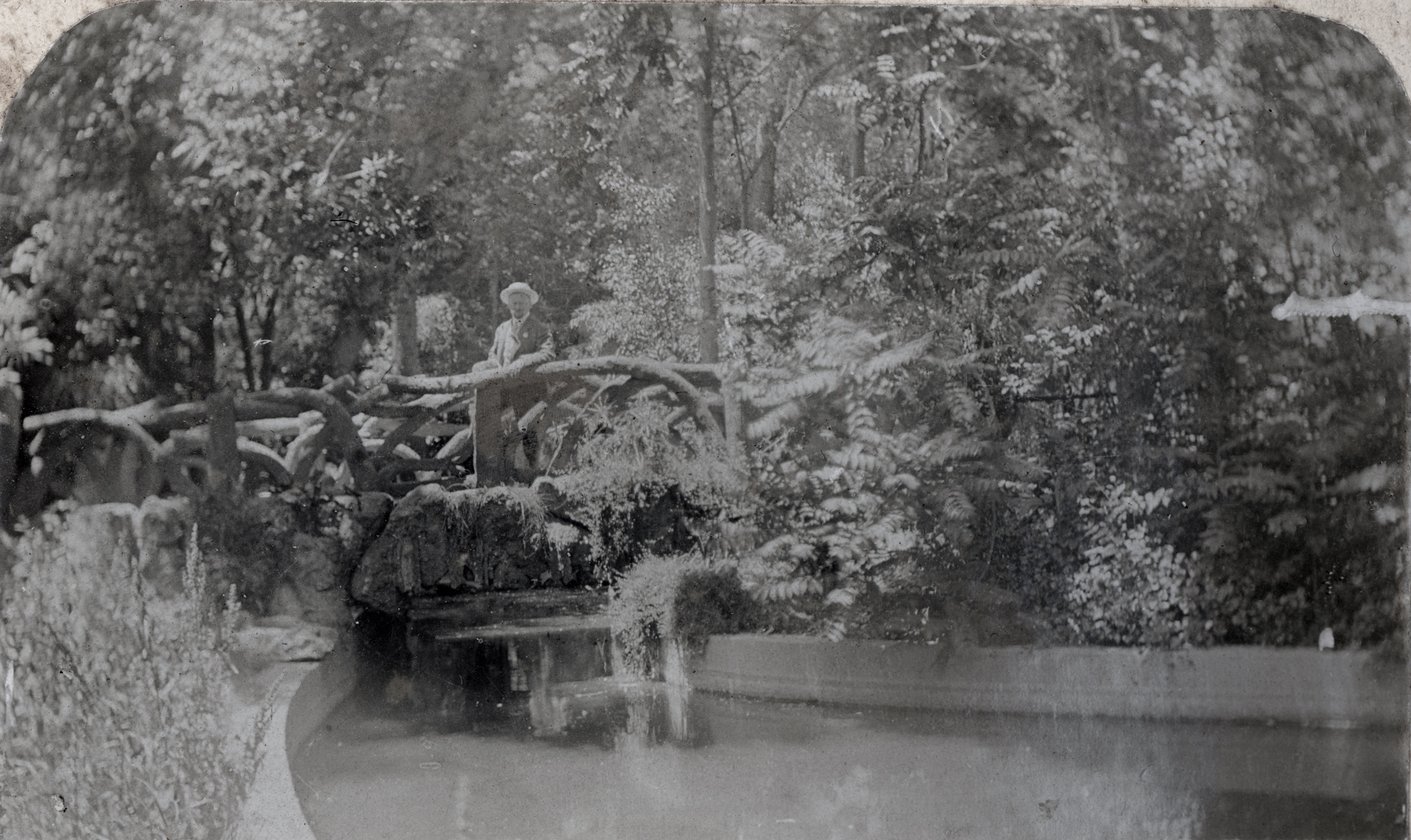 Hombre en un parque o jardín no identificado, ca. 1900